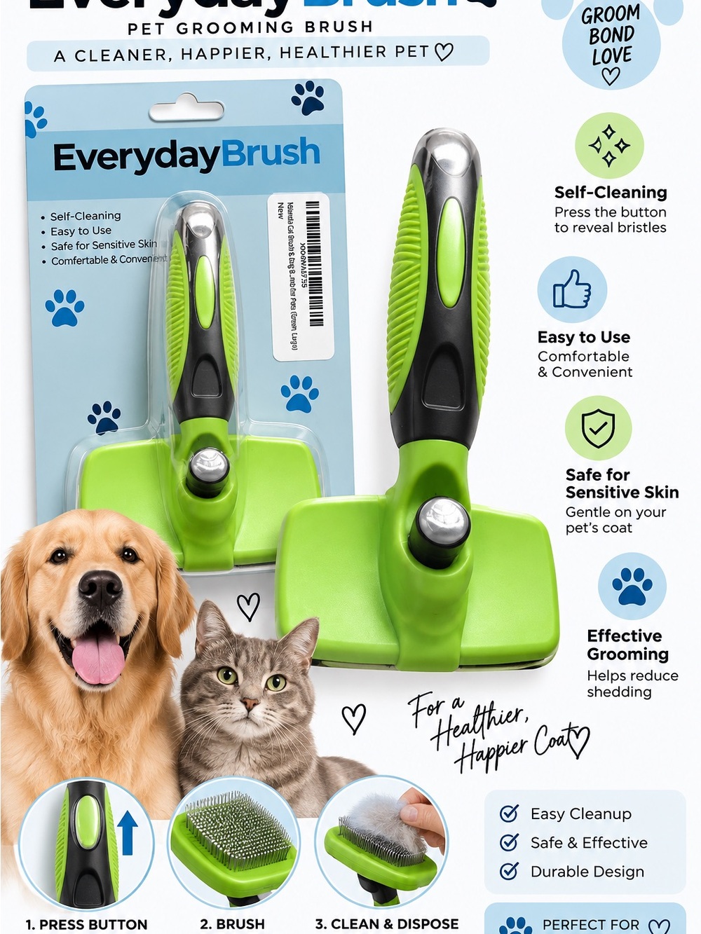 Green Pet Grooming Brush for Dogs and Cats